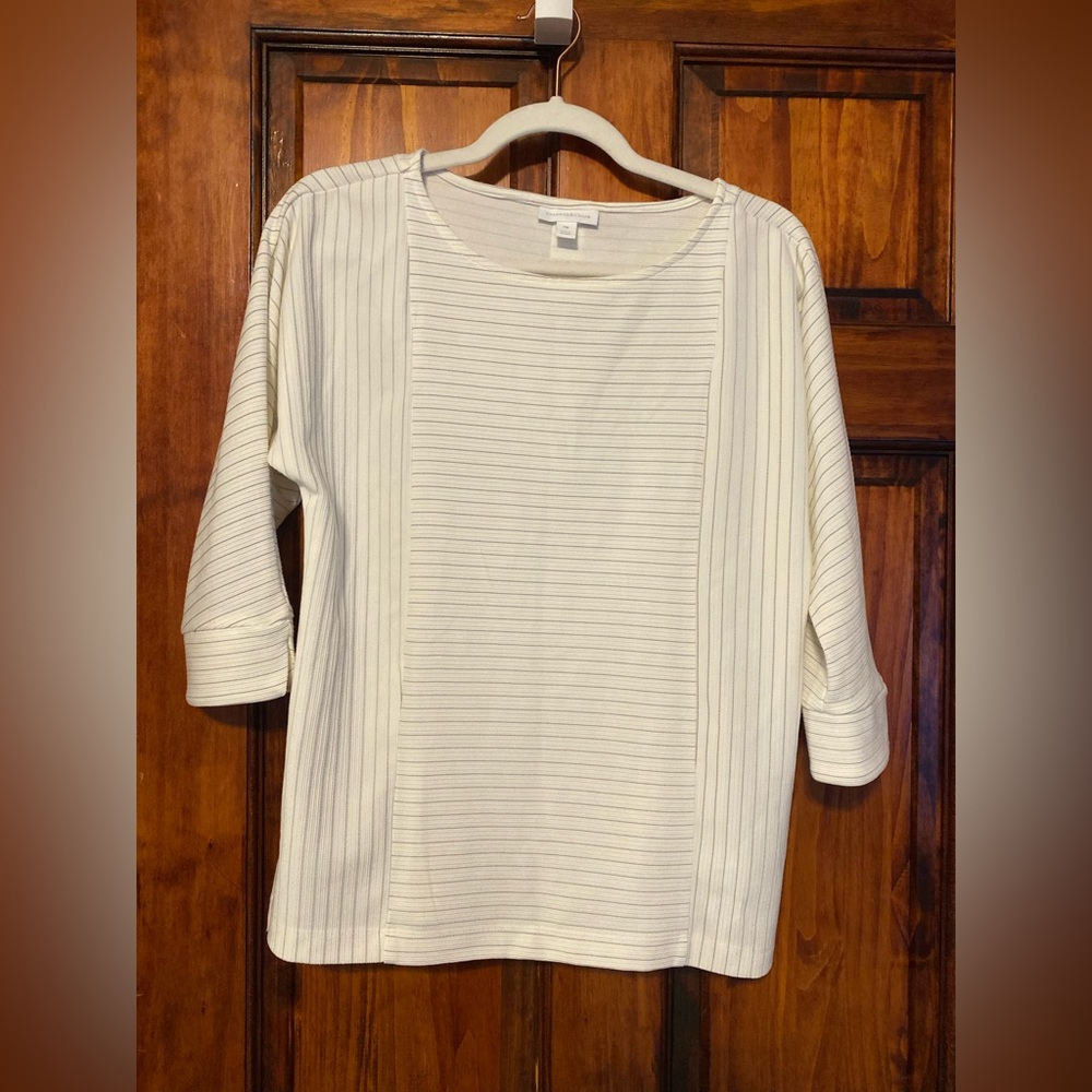 Charter Club Petites Striped Textured Knit Top Faux Button Back Shirt Medium PM
